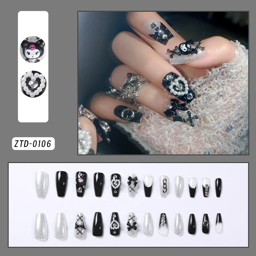 24 Pcs 3D Kuromi Press On Nails Y2K Cartoon Handmade Fake Nails Black Gel Wearable Nails Cinnamoroll Melody Anime False Nails
