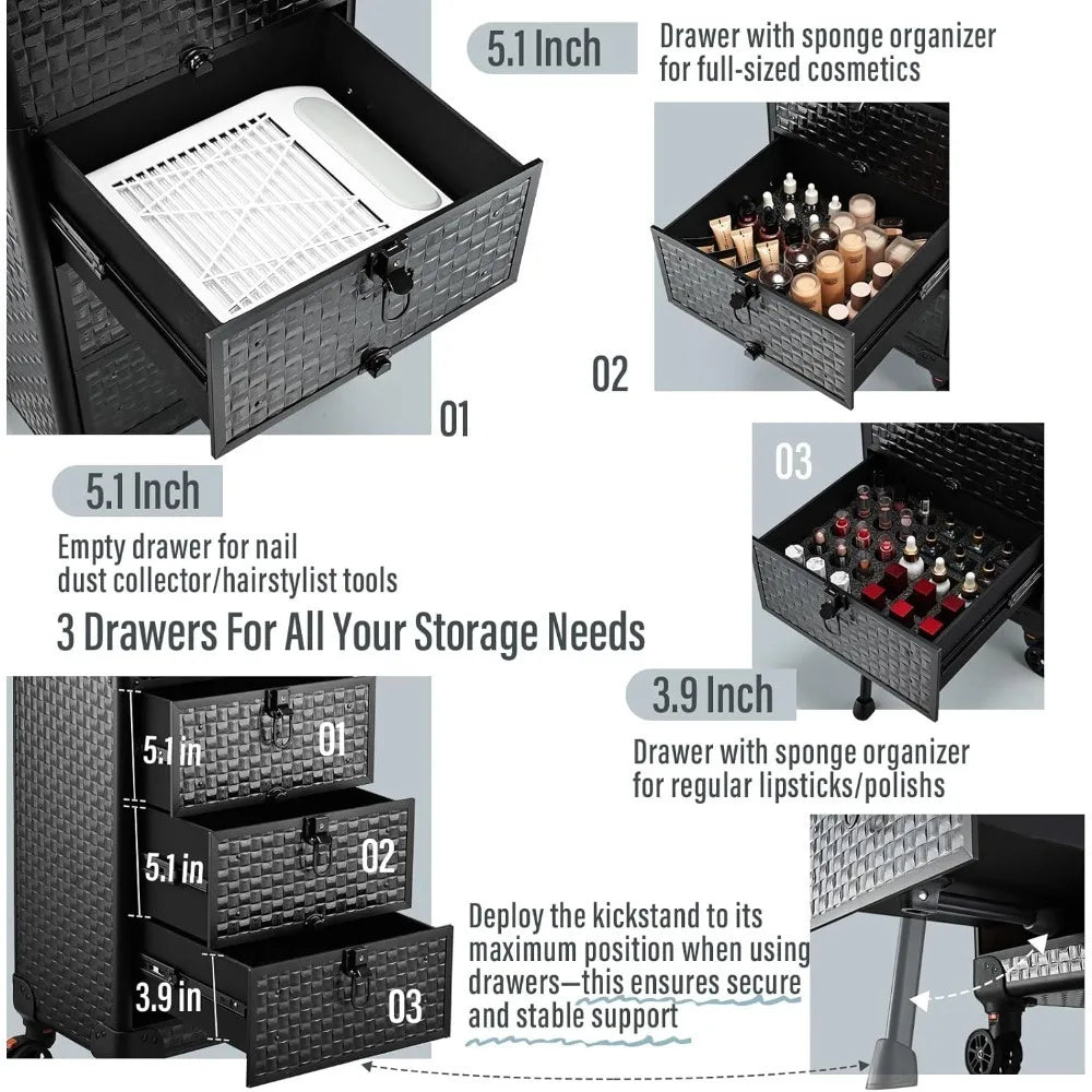 Salon Trolley with 3Drawers&Lockable Wheels for Beauty Salon,Nail Tech, Face Painting, Hairstylist, Makeup Artist, Salon Trolley