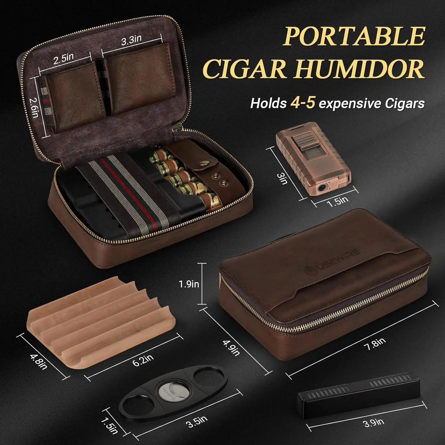 Leather Portable Travel Cigar Humidor Case with Lighter and Cutter Holds 5 Cigars Cigar Accessories for Men No Butane