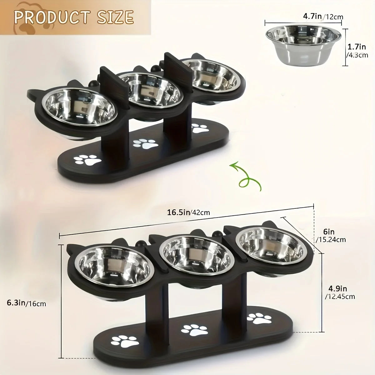 Elevated Cat Bowls 15° Tilted Raised Cat Food Bowls with Wooden Stand Anti Vomiting 3 Stainless Steel Bowls for Cats and Puppy