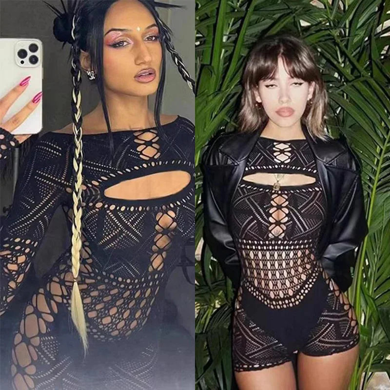Hollow Lace Mini Jumpsuit Dress With Square Neckline