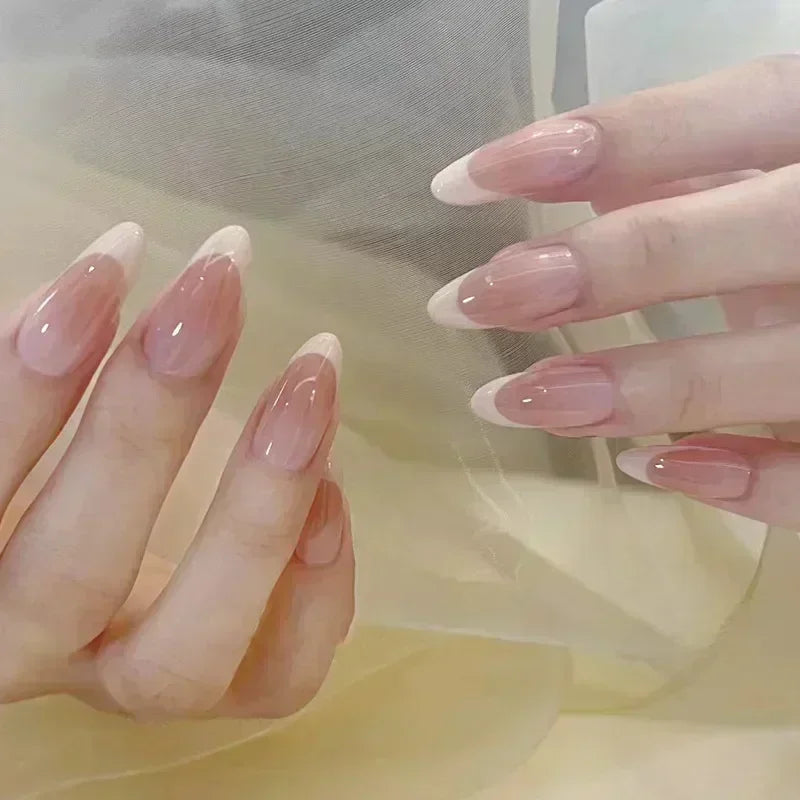 24 Pcs Almond Shape French False Nails with Glue Press On White Edge Design Simple Wearable Pink Stiletto Nail Tips