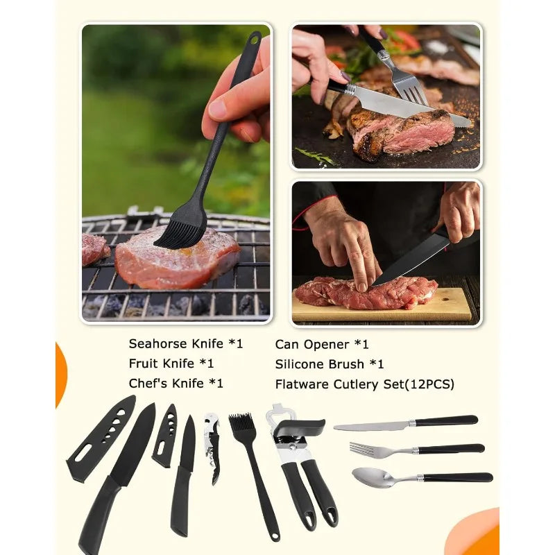 Camping Cooking Utensils Set - 33Pcs/45Pcs Camping Cooking Set Car Camping Essentials Gear for Camp Kitchen Cooking and Grilling