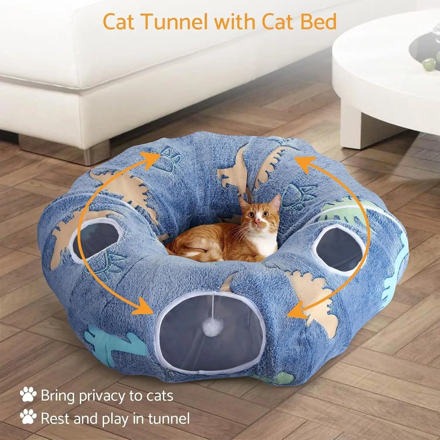 Maxetodo Foldable Cat Tunnel with Washable Bed 4 Entry Points,Peekaboo Cat Cave,Multifunctional Playground Toy for Cats Kittens