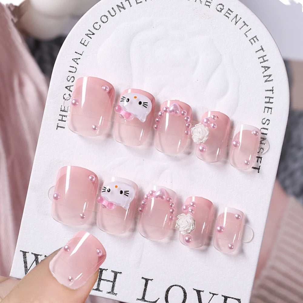 24 Pcs 3D Kuromi Press On Nails Y2K Cartoon Handmade Fake Nails Black Gel Wearable Nails Cinnamoroll Melody Anime False Nails
