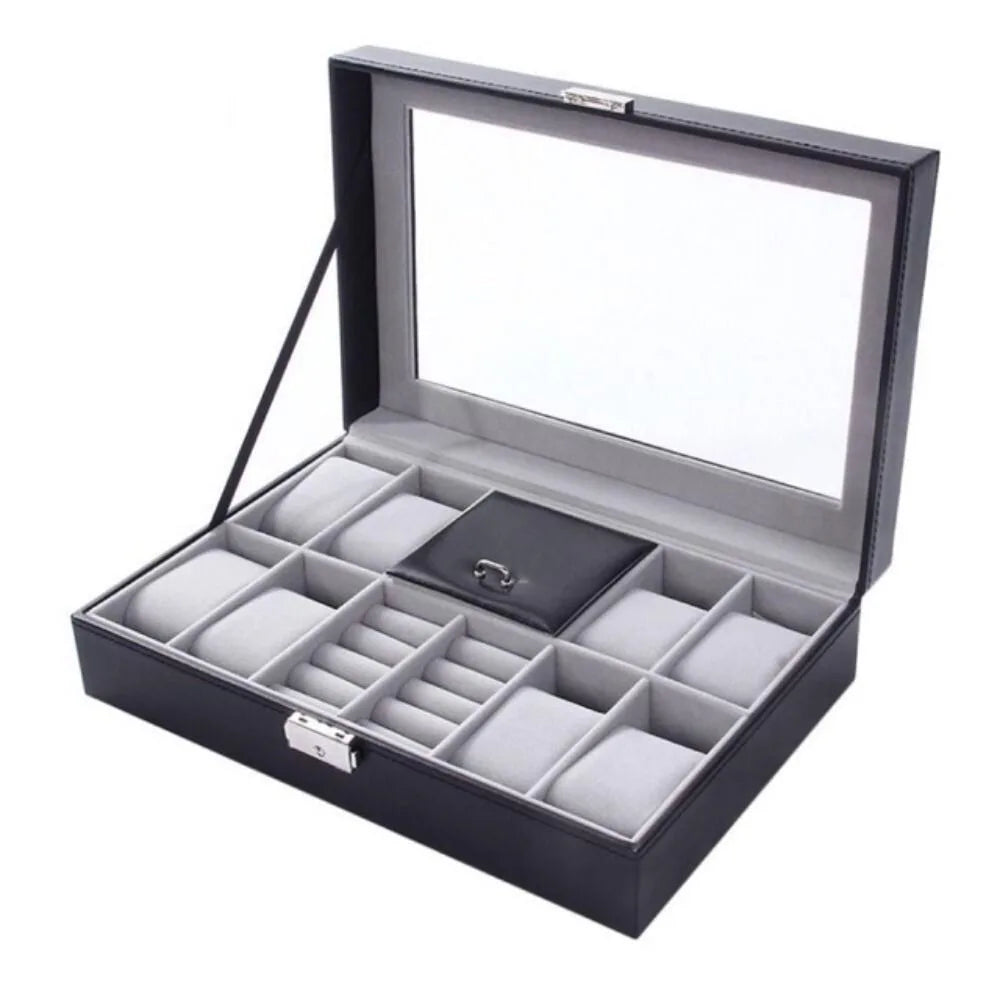 High Quality PU Leather Watch Storage Organizer Box Large Capacity Transparent Lid Jewelry Display Box