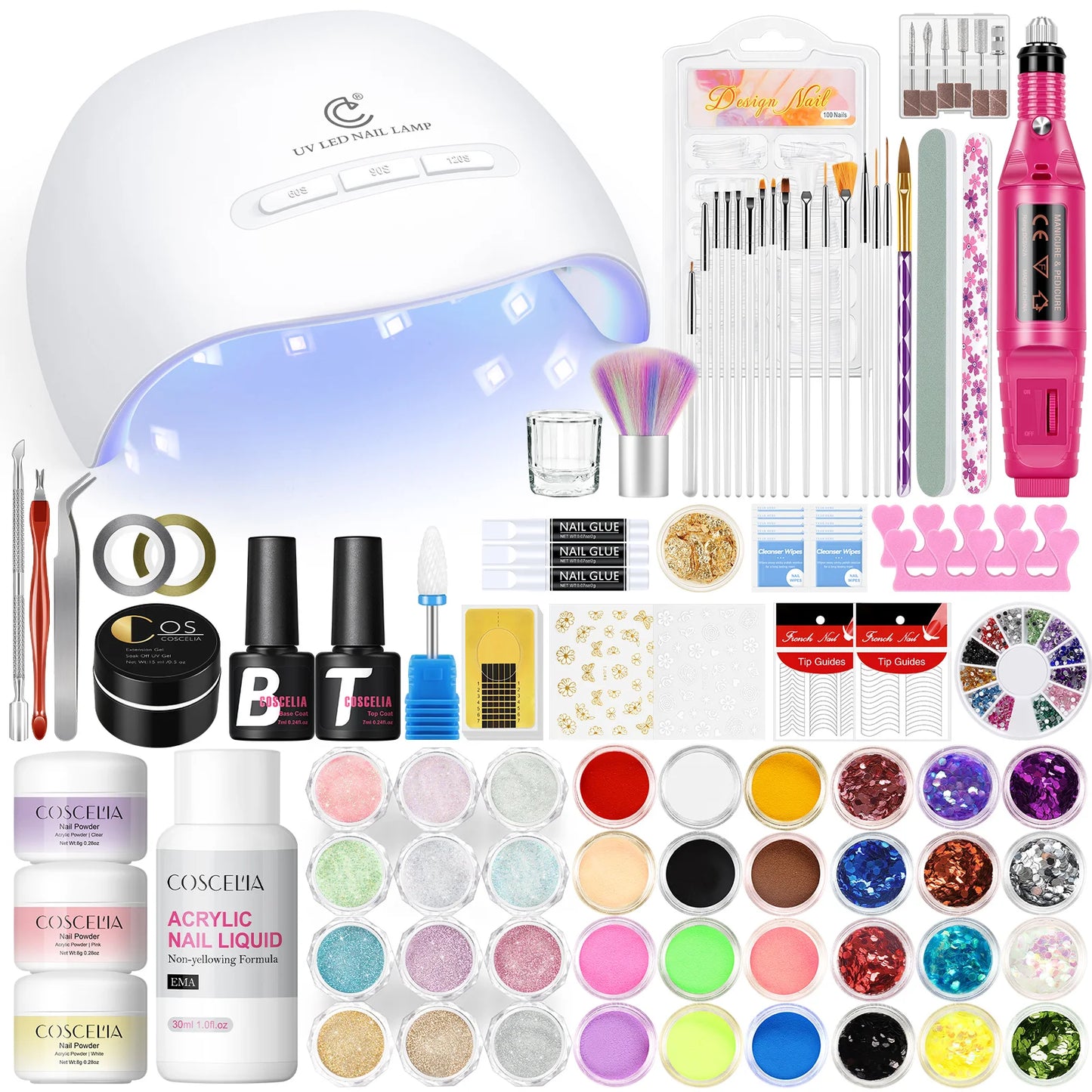 Coscelia Manicure Kits with 30ML Acrylic Liquid 15ML Clear UV Gel Base Top Coat and Nail Lamp Nail Drill Machine for Women