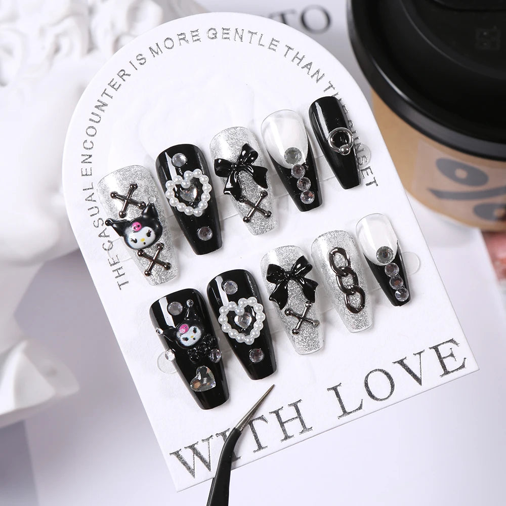 24 Pcs 3D Kuromi Press On Nails Y2K Cartoon Handmade Fake Nails Black Gel Wearable Nails Cinnamoroll Melody Anime False Nails