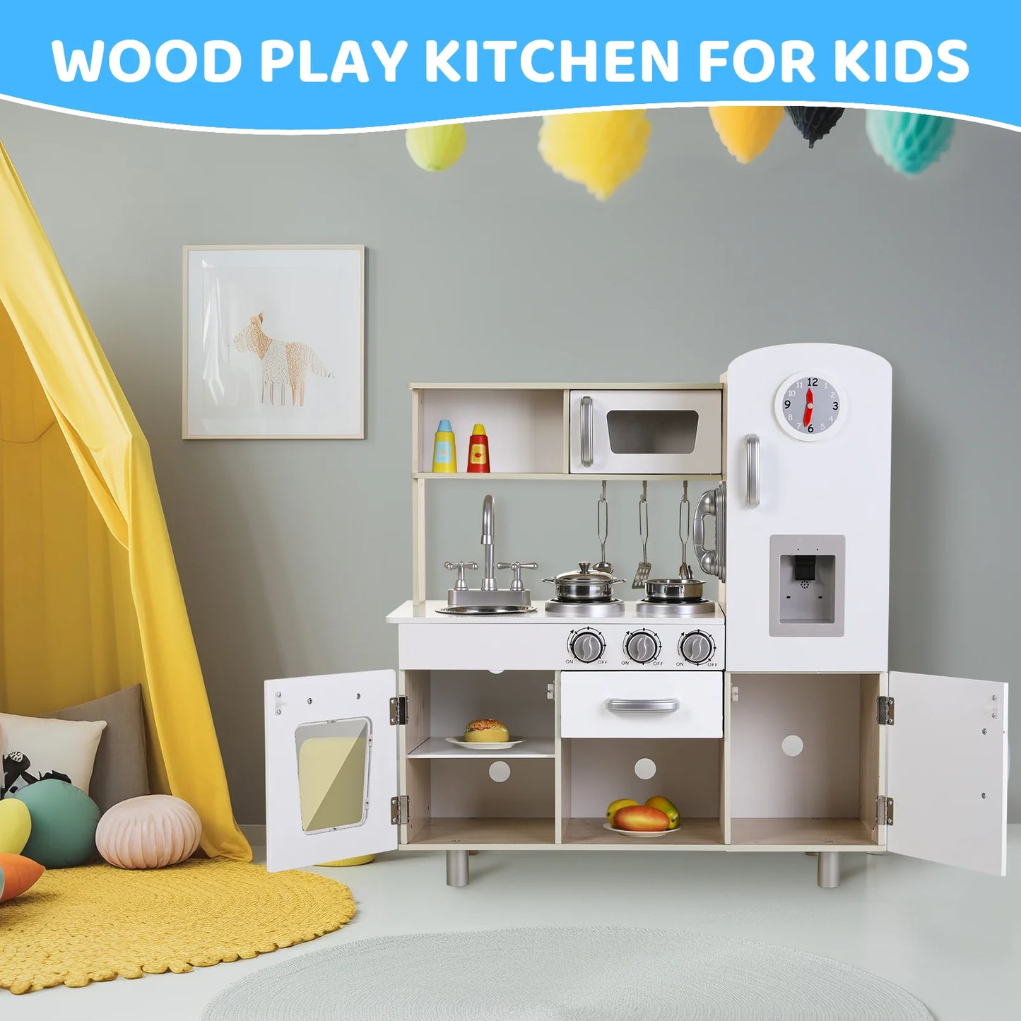 Kids Kitchen Playset, Preschool Cooking Kitchen, Toddler Wooden Pretend Play Toy w/Fridge, Stove, Cookware Utensil