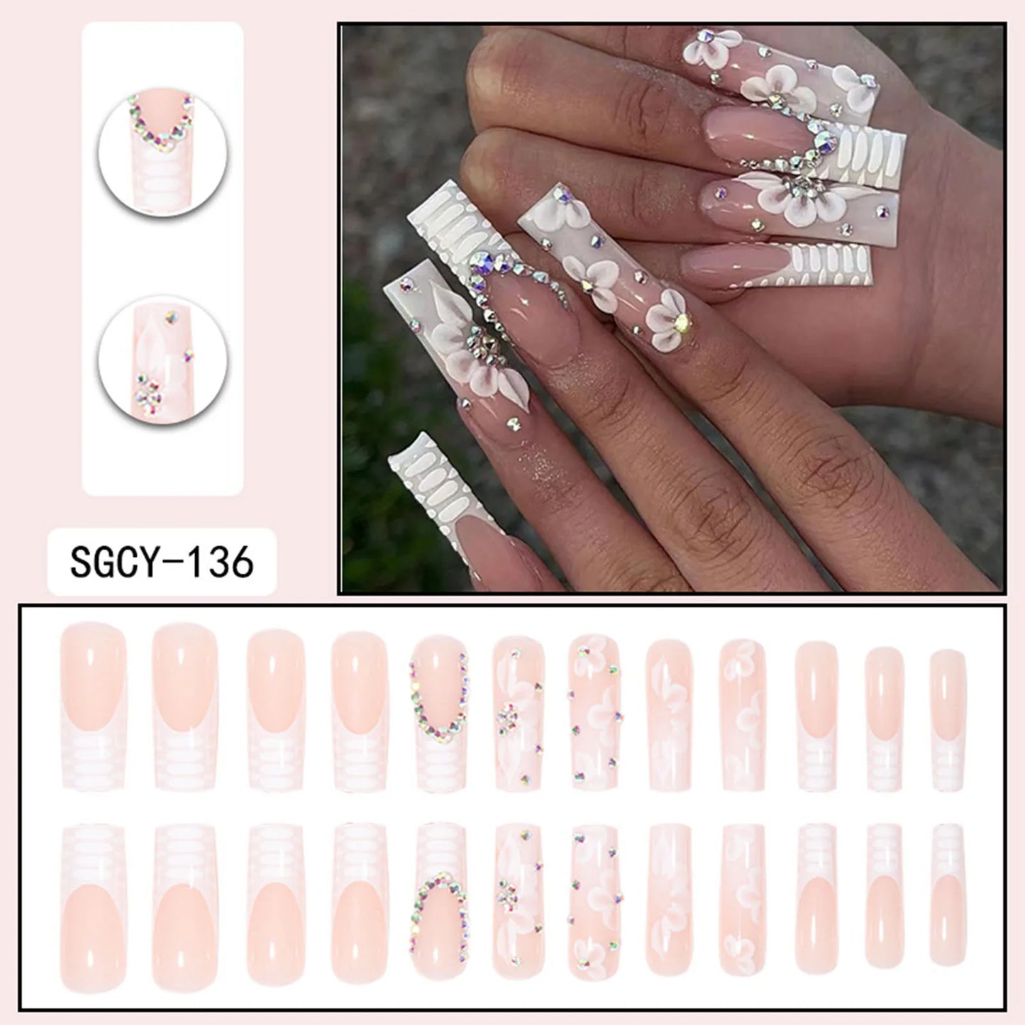 Rhinestone White Long Square Fake Nails UV Gel Set Party