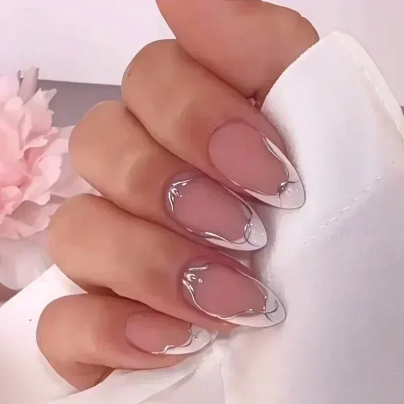 24 Pcs Almond Shape French False Nails with Glue Press On White Edge Design Simple Wearable Pink Stiletto Nail Tips