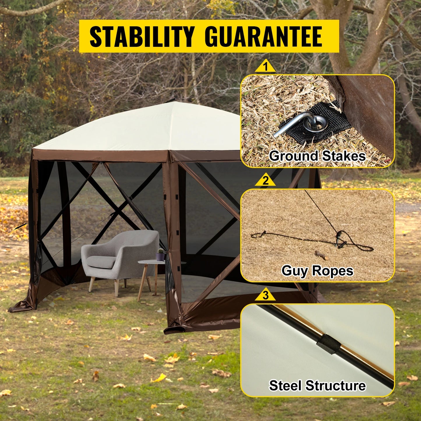 VEVOR Pop Up Camping Gazebo Canopy Shelter 6 Sided 12 x 12 10 x 10 Sun Shade Tents and Canopies for Camping and Hiking
