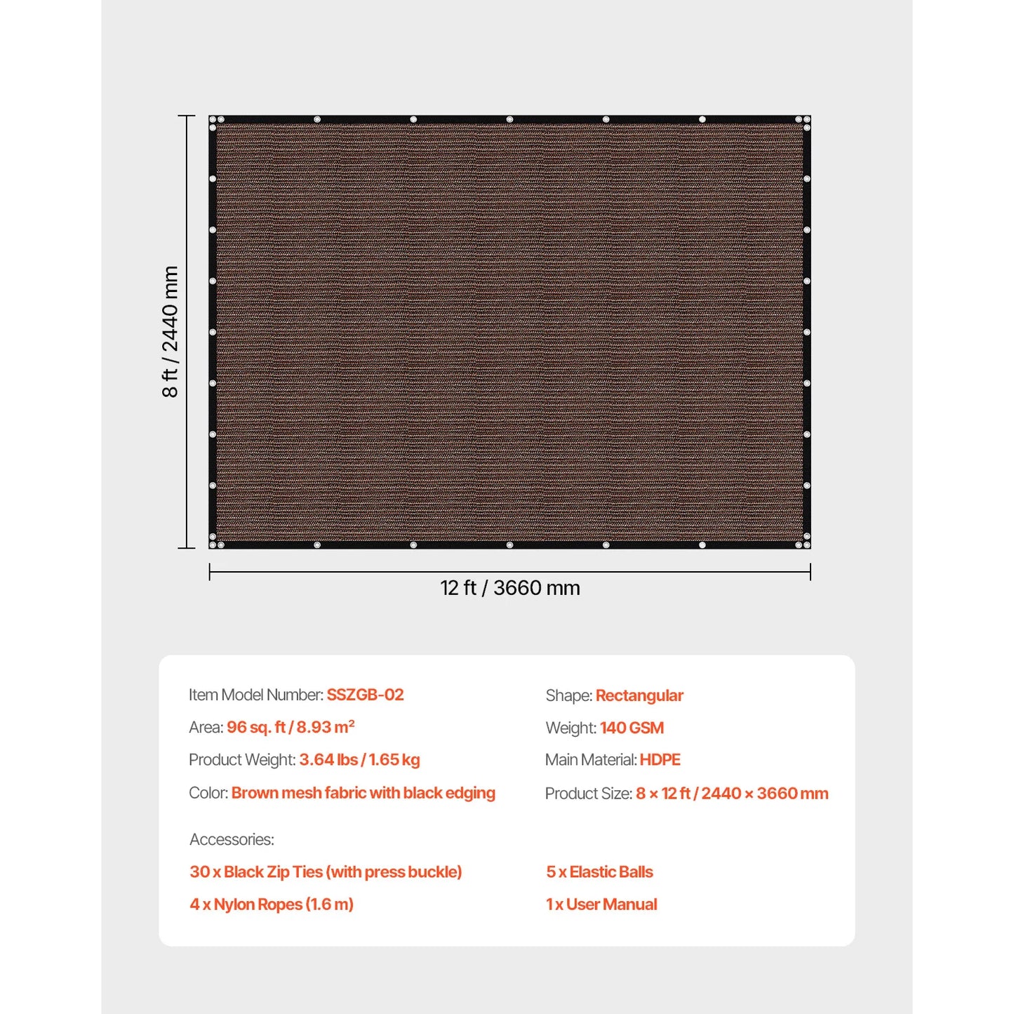 VEVOR 90 Percent Sun Shade Cloth 10x10 12 20 Feet Pergola Shade Cover 140 GSM HDPE Canopy Privacy Screen for Outdoor Patio Garden Backyard