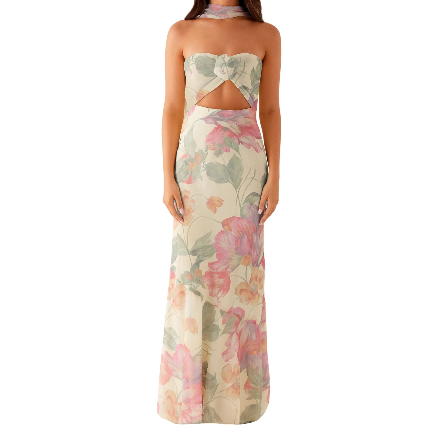 Womens Floral Bandeau Maxi Dress With Cutout And Scarf