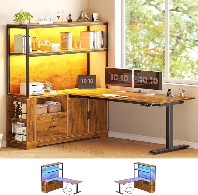 Corner L Shaped Standing Desk With Drawers Hutch LED Lights Power Outlets