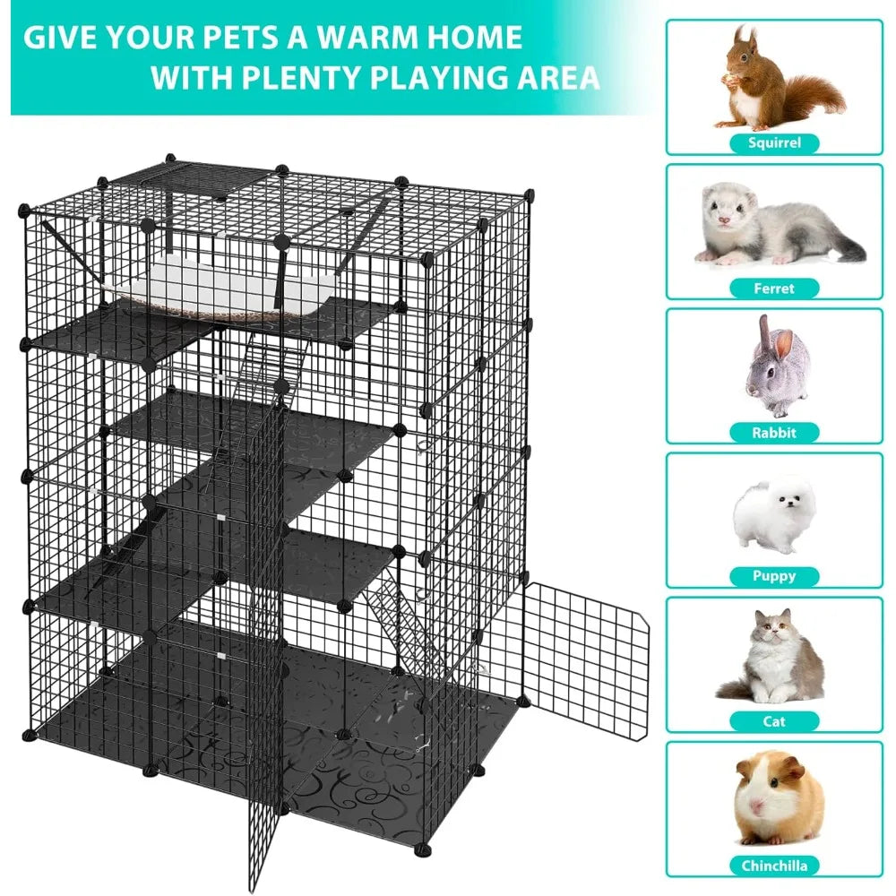 4-Tier Cat Cage Indoor Enclosure DIY Cat Playpen Metal Kennel with Extra Large Hammock, Catio Ideal for 1-3 Cats, Ferret