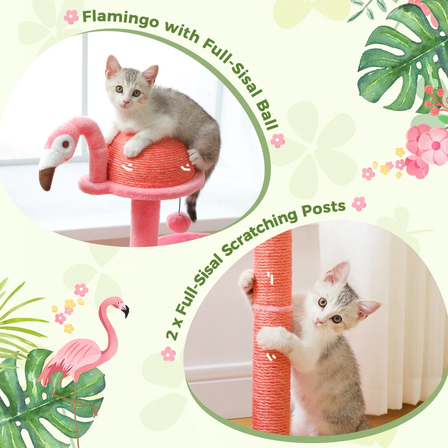 Multi-Level Flamingo Cat Tree with Scratching Posts, Hammock, Perch, Cute Cat Tower, Indoor Pink Cat Scratcher, Kittens Toys