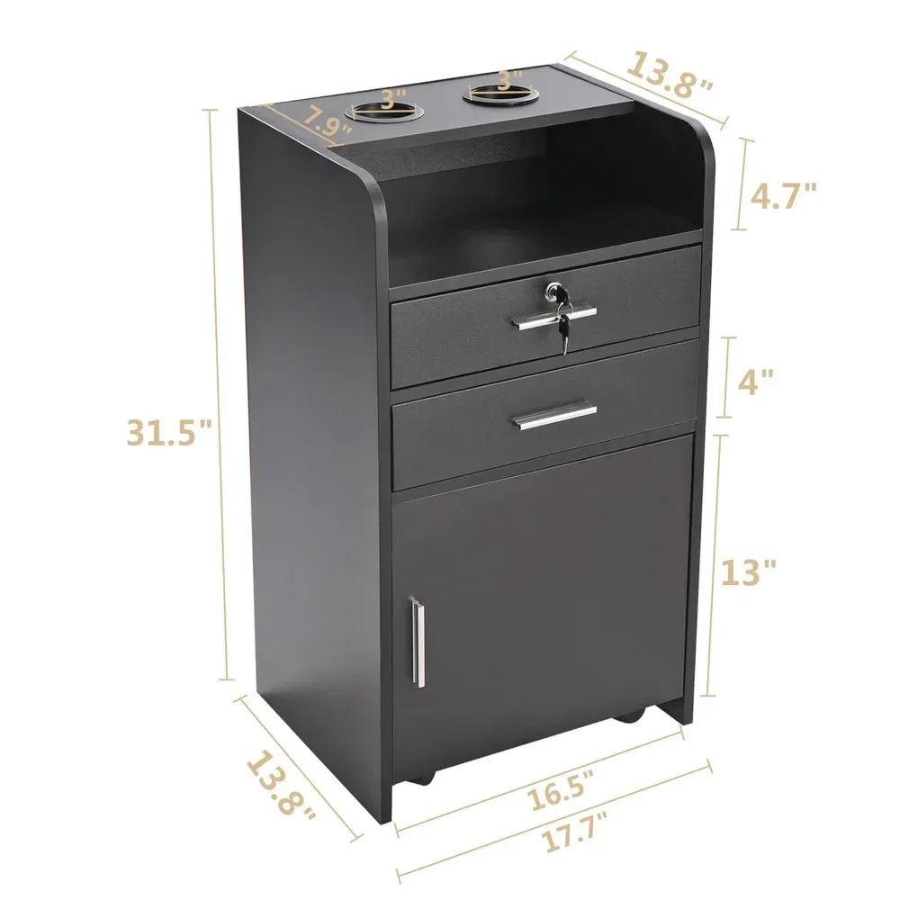 Beauty Salon/Barber Storage Cabinet Station with Locking Drawer and 4 Wheels, Hair Stylist Station with 2 Hair Dryer Holders