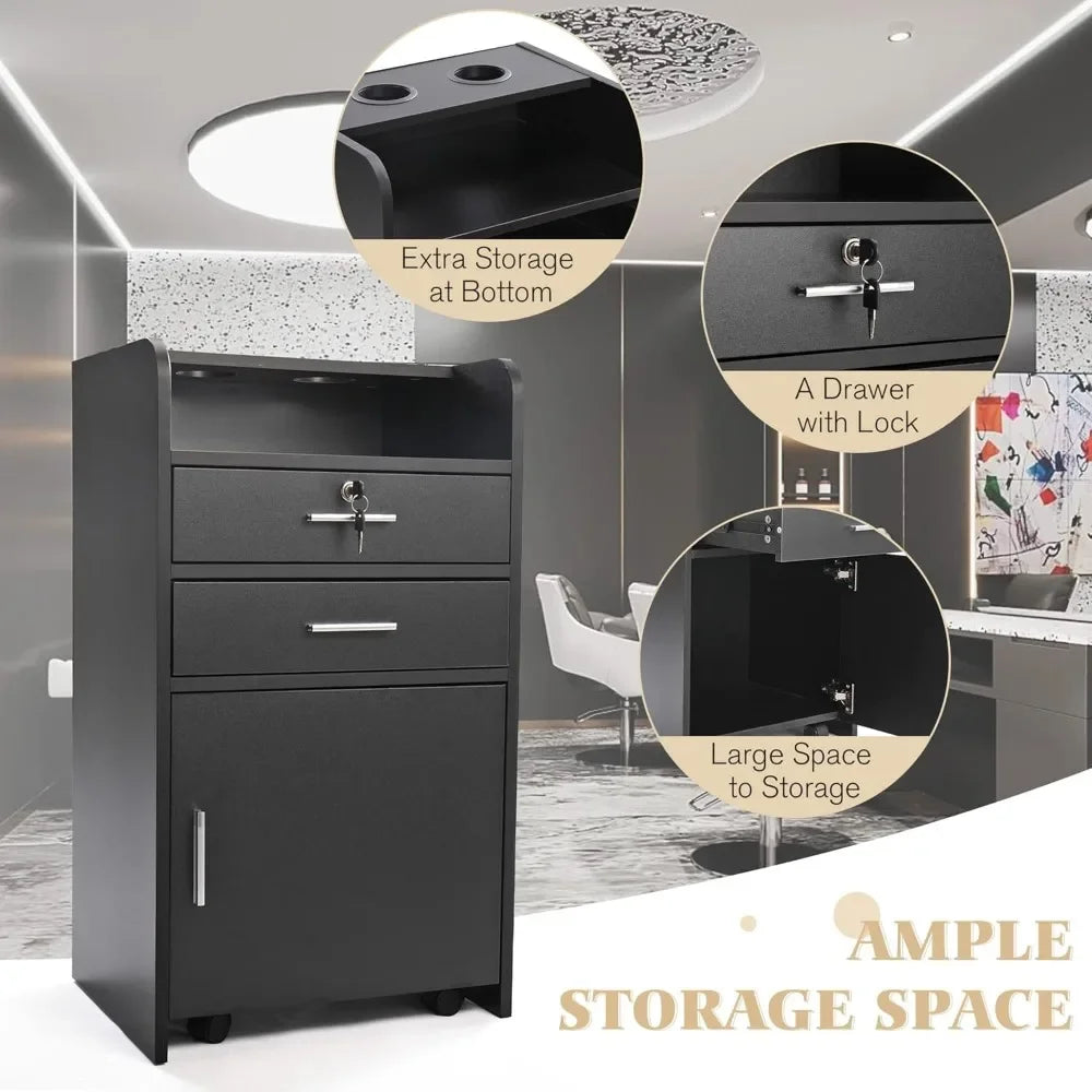 Beauty Salon/Barber Storage Cabinet Station with Locking Drawer and 4 Wheels, Hair Stylist Station with 2 Hair Dryer Holders