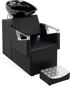 Shampoo Barber Classic Chair, Adjustable Ceramic Shampoo Bowl Sink Chair Station for Spa Beauty Salon 9080 (Black)