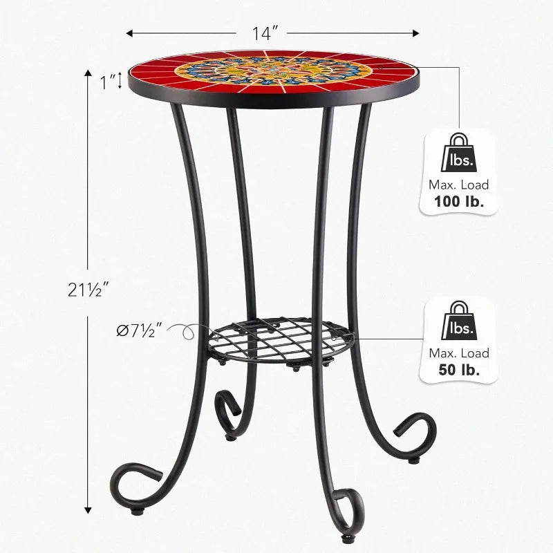 Patio Side Table and Plant Stand 21 Inch End Table with 14 Inch Ceramic Tile Top for Porch Garden Decor Indoor and Outdoor Use