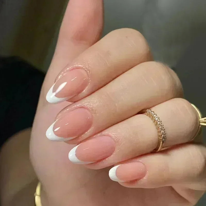24 Pcs Almond Shape French False Nails with Glue Press On White Edge Design Simple Wearable Pink Stiletto Nail Tips