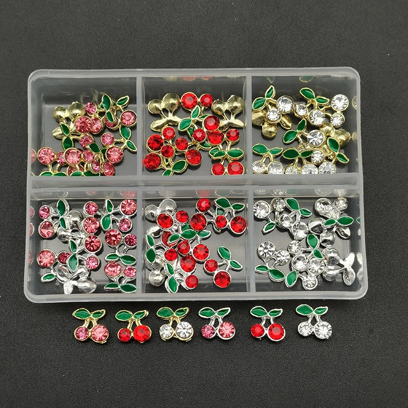 60pcs/Box Nail Rhinestones Cherry/Planet/Heart Nail Charms Jewelry Parts Gems Crystal DIY Nail Art Decorations Accessories Stone