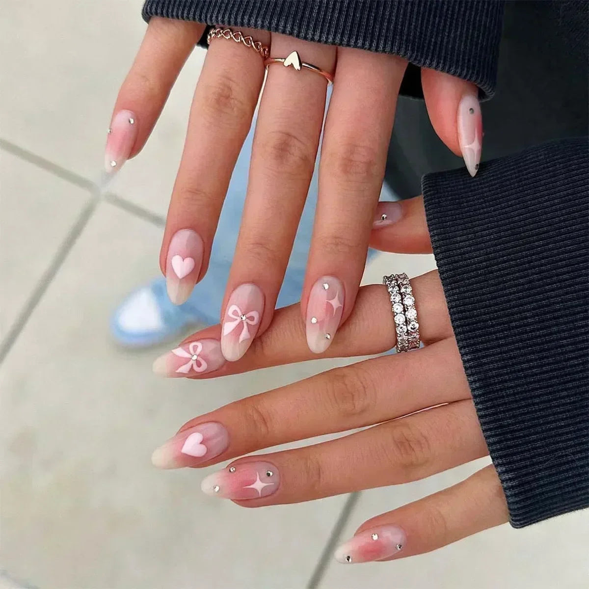 24 Pcs Almond Shape French False Nails with Glue Press On White Edge Design Simple Wearable Pink Stiletto Nail Tips