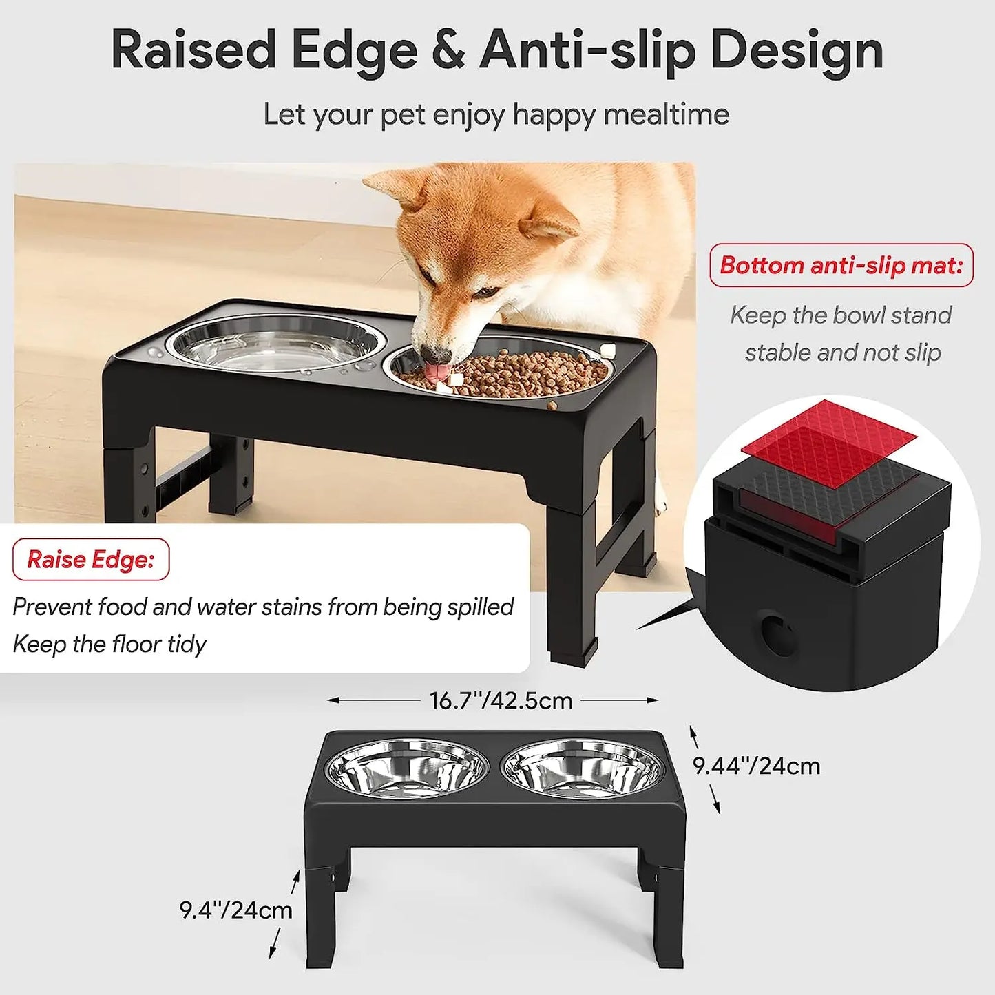 Multi Heights Folding Feeder Raised Dog & Cat Bowls Adjustable Heights Stainless Steel