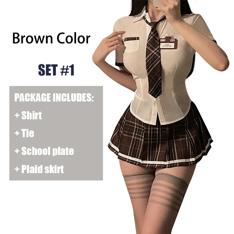Sexy Plaid Print Preppy Uniform Cosplay Costume Women's Lingerie Naughty Striped Top & Skirt Underwear