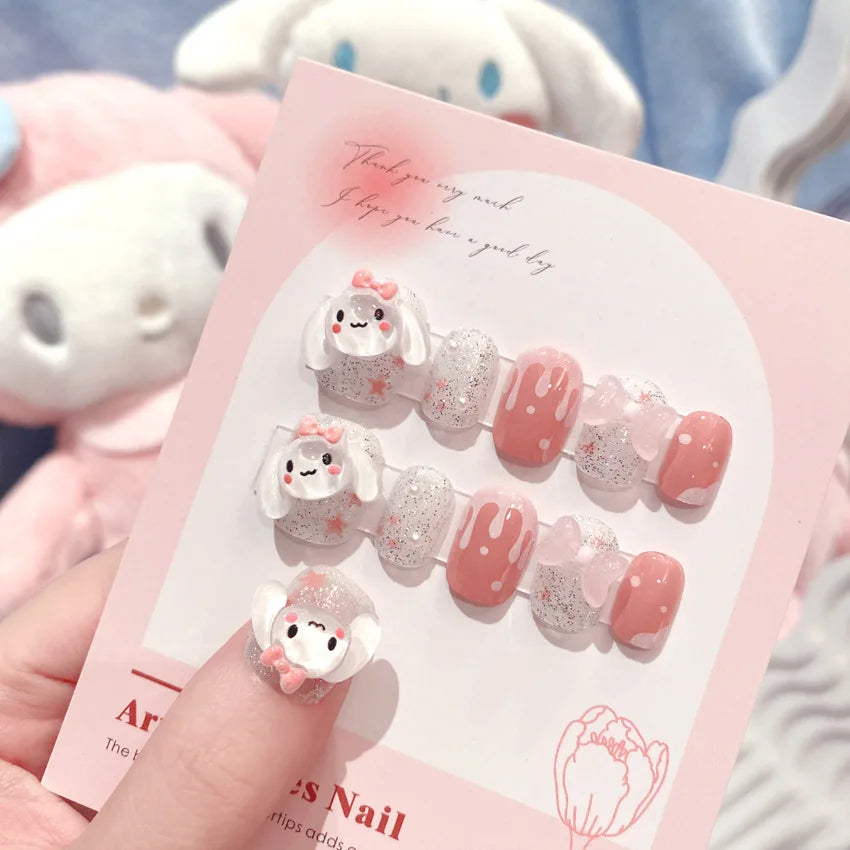 24 Pcs 3D Kuromi Press On Nails Y2K Cartoon Handmade Fake Nails Black Gel Wearable Nails Cinnamoroll Melody Anime False Nails