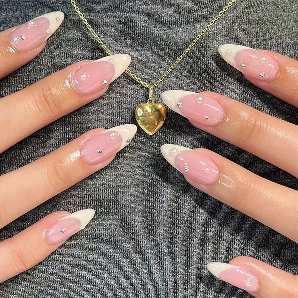 24 Pcs Almond Shape French False Nails with Glue Press On White Edge Design Simple Wearable Pink Stiletto Nail Tips