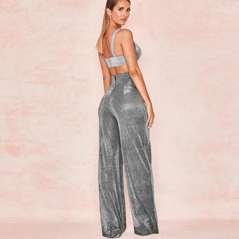 Sexy Women High Waist Slim Wide Leg Pants Diamond Flare Y2K