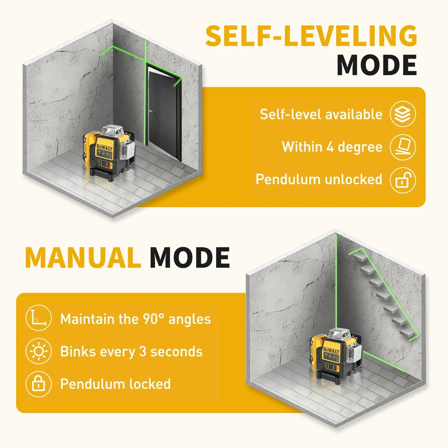 Dewalt DW089LG 3 Sides Degree Vertical Laser Meter Outdoor Level 360 Self Leveling Green Beam Laser Li Ion Battery Lasers