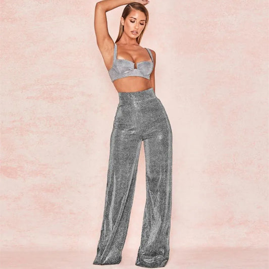 Sexy Women High Waist Slim Wide Leg Pants Diamond Flare Y2K