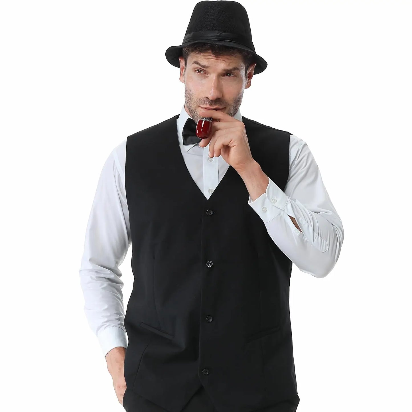 1920s Men's Gangster Costume Set with Vest Hat Suspenders Bow Tie and Accessories Roaring 20s Outfit