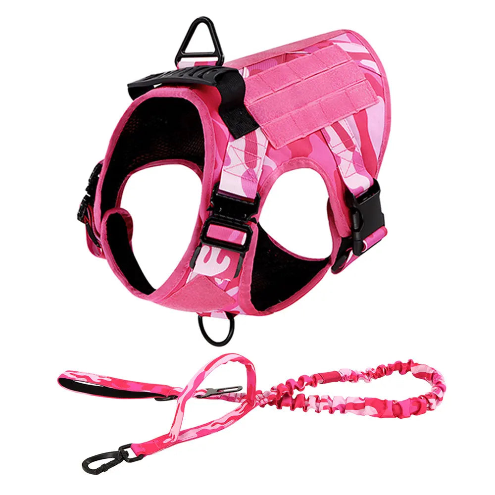 Military Dog Harness Set for Large Medium Dogs Adjustable Pink Tactical Training Vest with Collar and Leash