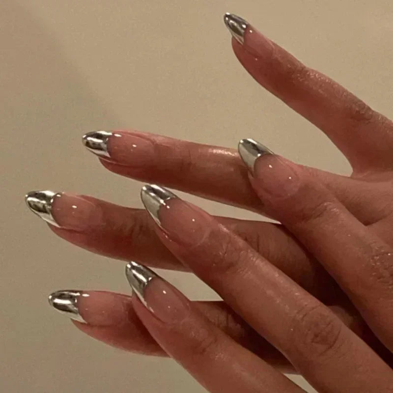 24 Pcs Almond Shape French False Nails with Glue Press On White Edge Design Simple Wearable Pink Stiletto Nail Tips