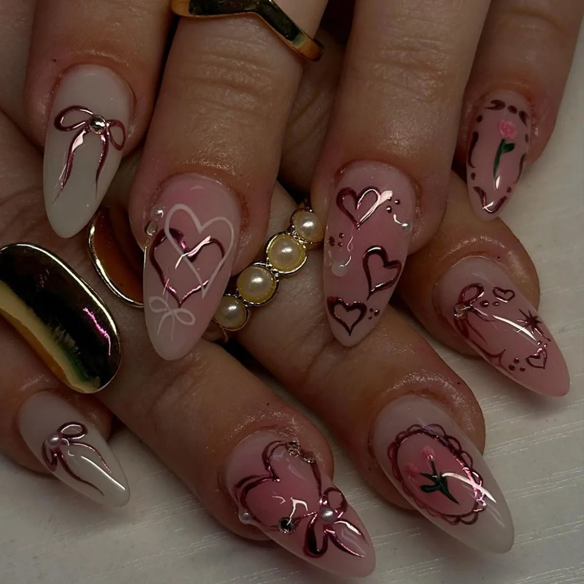 24 Pcs Almond Shape French False Nails with Glue Press On White Edge Design Simple Wearable Pink Stiletto Nail Tips