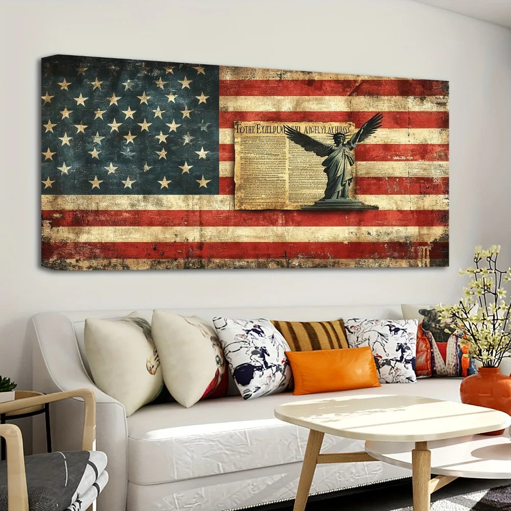 1.5 inch thick pine solid wood frame, American mural, vintage American flag canvas printed mural, interior trim