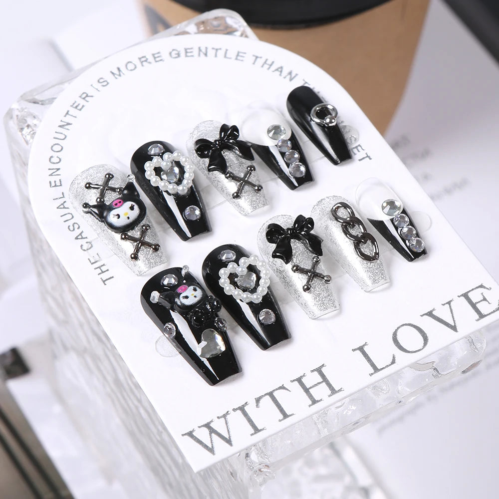 24 Pcs 3D Kuromi Press On Nails Y2K Cartoon Handmade Fake Nails Black Gel Wearable Nails Cinnamoroll Melody Anime False Nails
