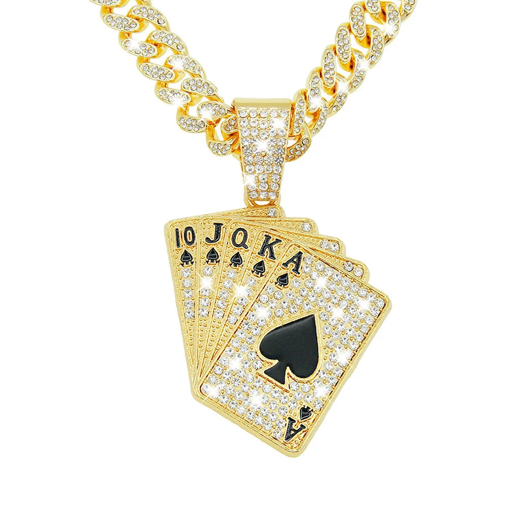 18K Gold Plated Hip Hop Iced Out Spades Playing Card Necklace Men's Personalized Street Rock Trend Jewelry