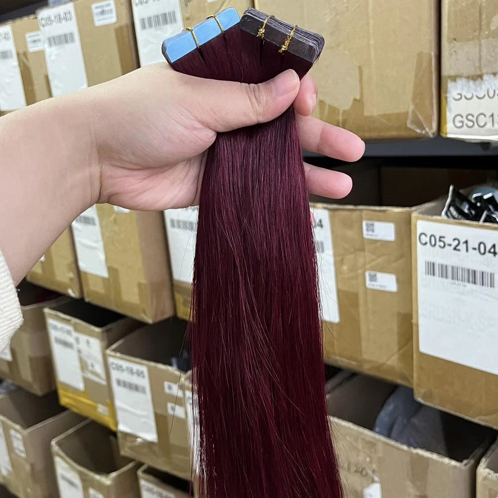 99J Invisible Tape in Human Hair Extensions Burgundy Straight Hair for Women