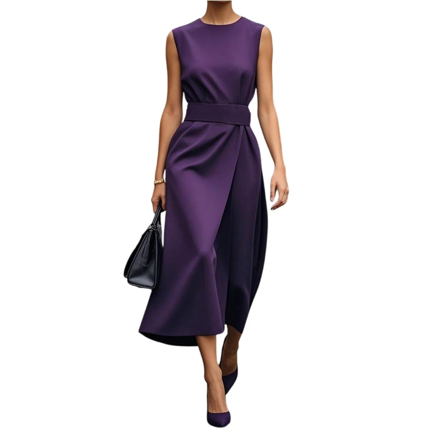 Plus Size Womens Zipper Sleeveless Round Neck Dress Belt
