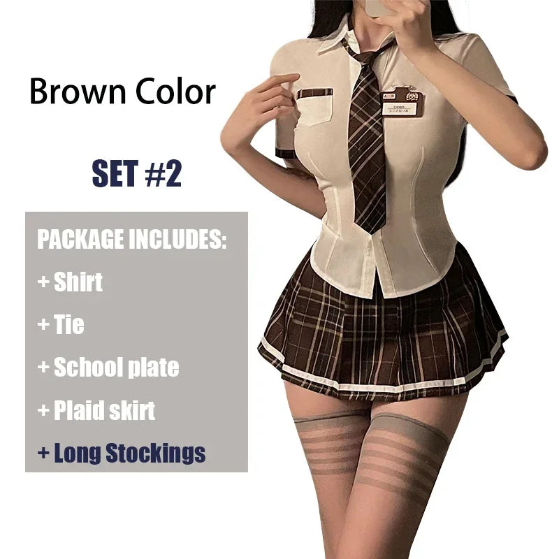 Sexy Plaid Print Preppy Uniform Cosplay Costume Women's Lingerie Naughty Striped Top & Skirt Underwear