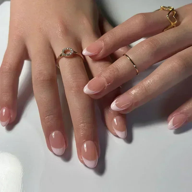 24 Pcs Almond Shape French False Nails with Glue Press On White Edge Design Simple Wearable Pink Stiletto Nail Tips