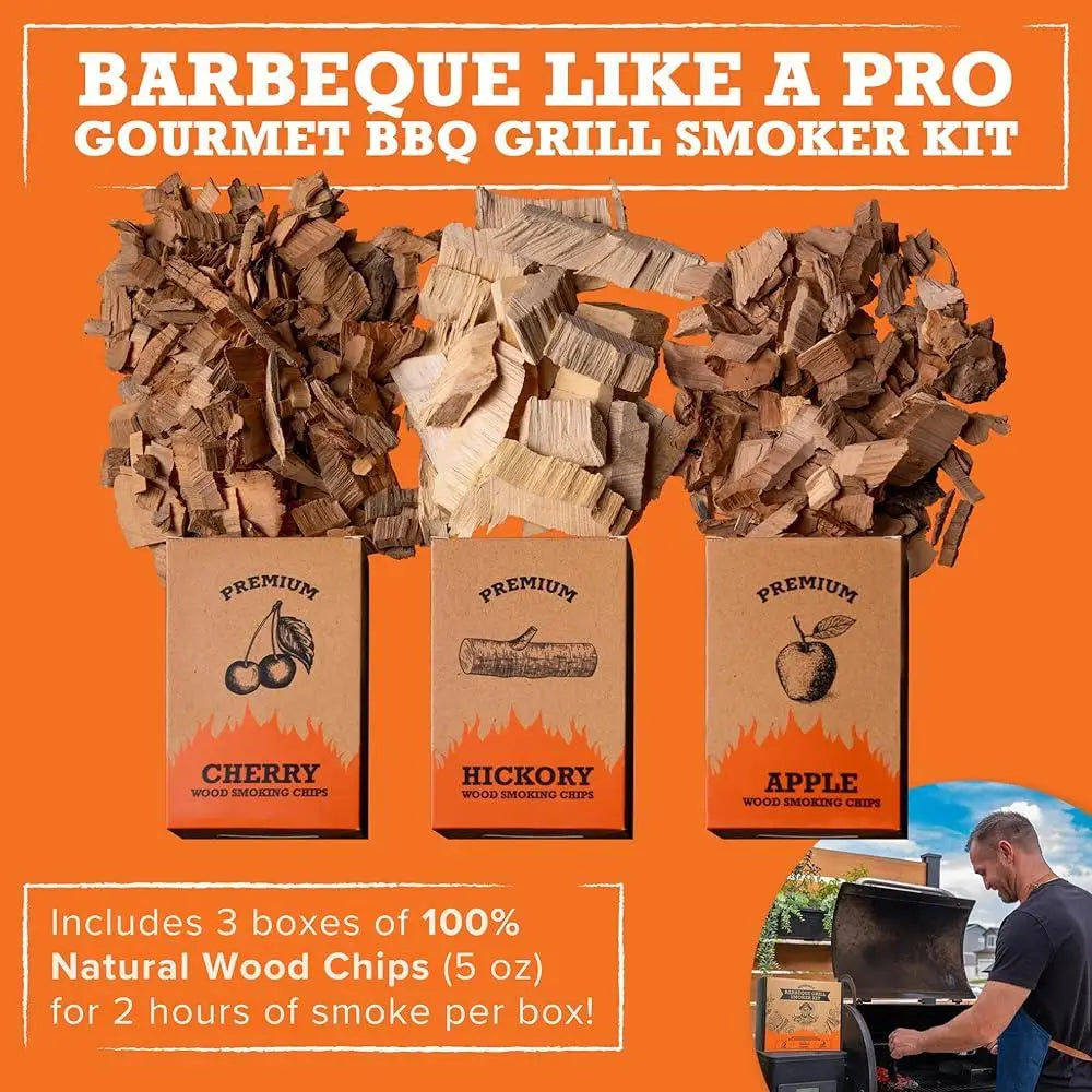 Wood Smoked BBQ Grill Set 12 Pieces Smoker Box Grill Accessories Premium Stainless Steel Meat Thermometer and Chips