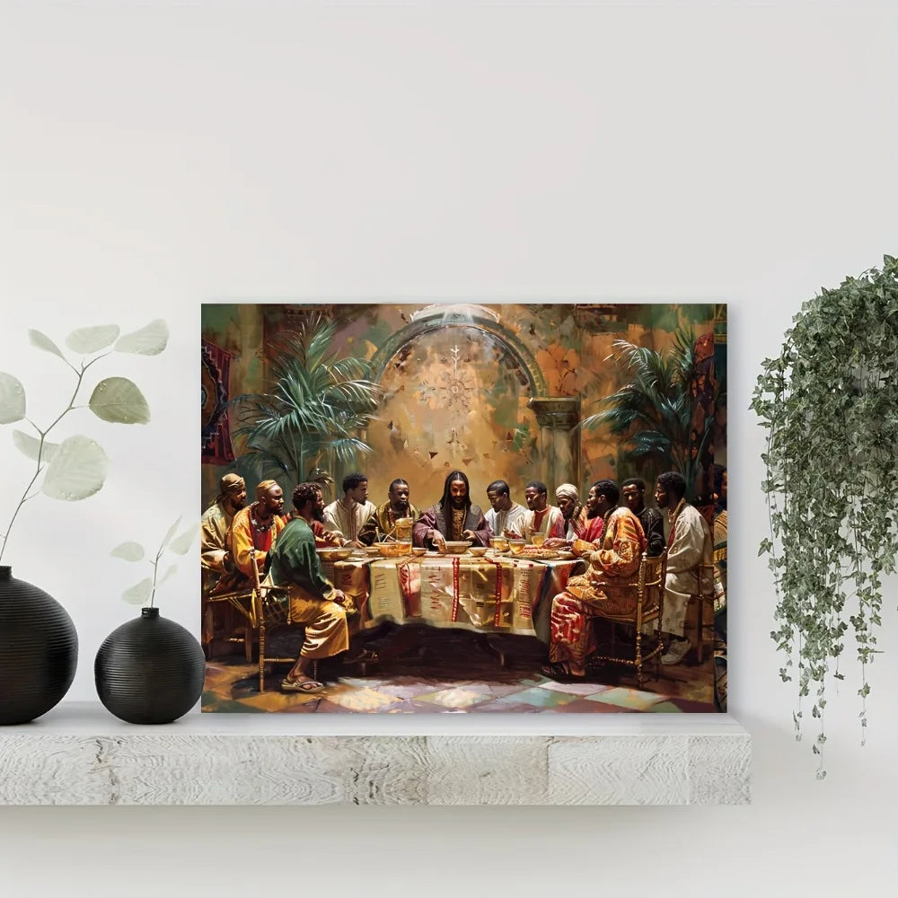 1.5 inch thick wood pine frame, interior art mural, home decor mural, Black Last Supper canvas mural
