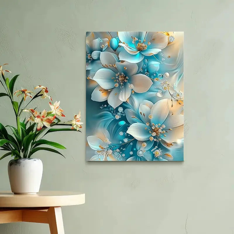Elegant Oil Painting Artwork Framed Serene Blue and White Flowers with Gold Accents Perfect for Living Room Bathroom Decoration