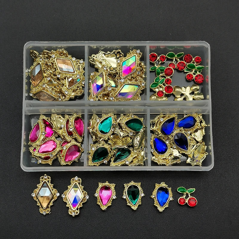 60pcs/Box Nail Rhinestones Cherry/Planet/Heart Nail Charms Jewelry Parts Gems Crystal DIY Nail Art Decorations Accessories Stone